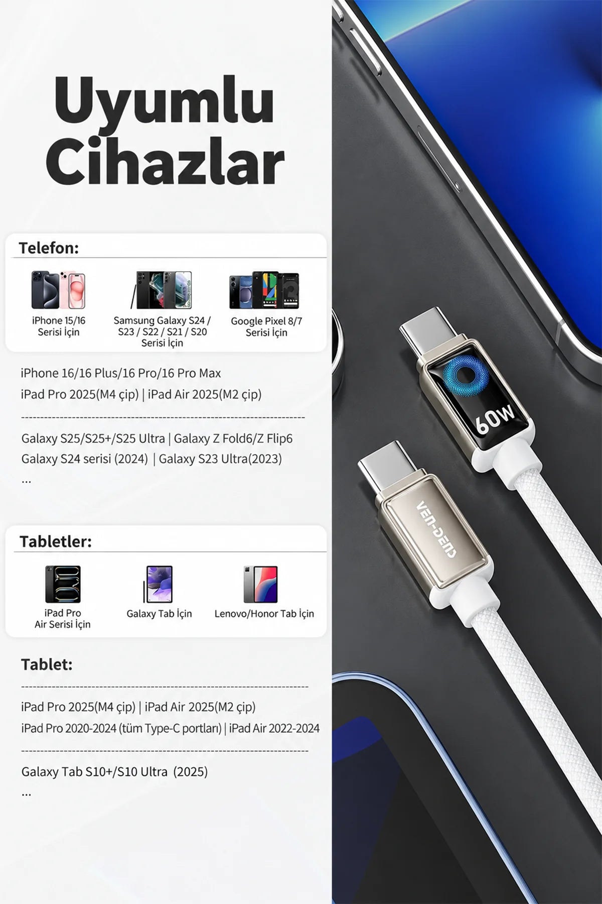 Vendens DC11CC Type-C to Type-C 60W PD Hızlı Şarj ve Data Kablosu - 1 Metre, Çinko Alaşım Örgülü
