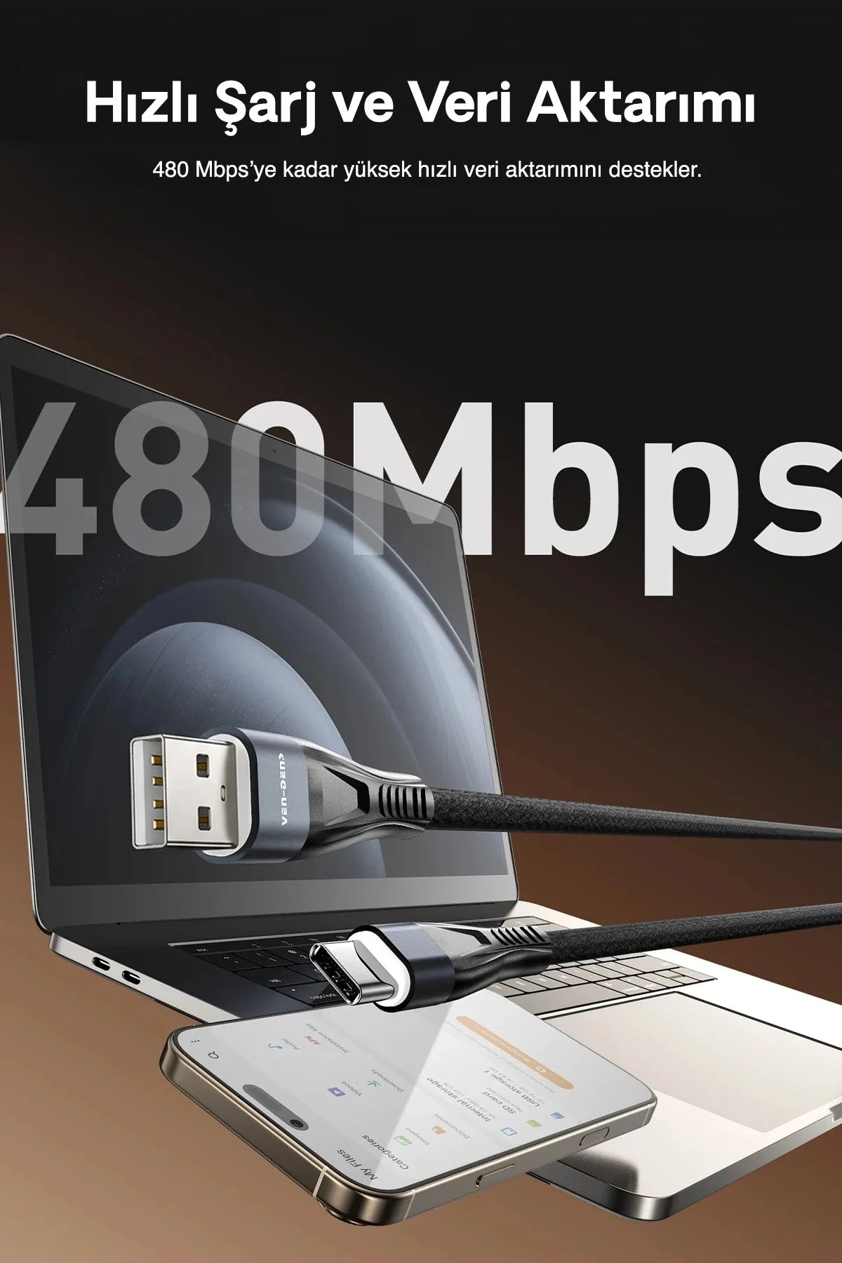 Vendens VD-DC19C USB-A'dan USB-C'ye Örgülü 18W Type C Şarj Kablosu 1.2m