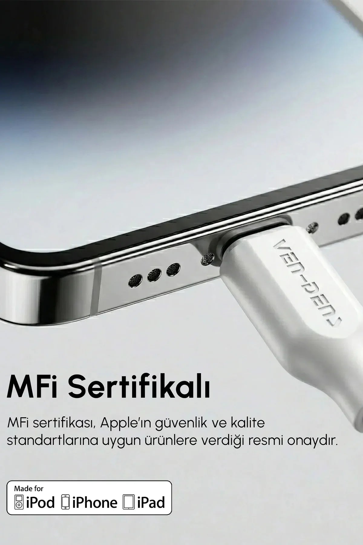Vendens VD-DC20CL Apple MFi Onaylı 27W Type-C to Lightning Hızlı Şarj Kablosu, 1 Metre