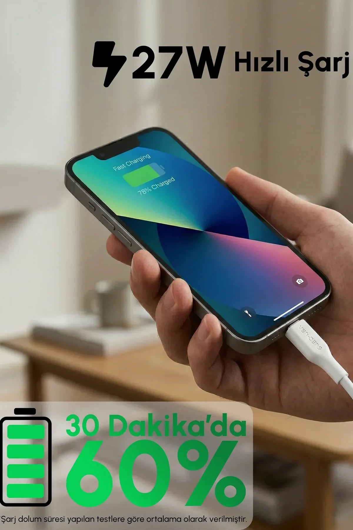 Vendens VD-DC20CL Apple MFi Onaylı 27W Type-C to Lightning Hızlı Şarj Kablosu, 1 Metre