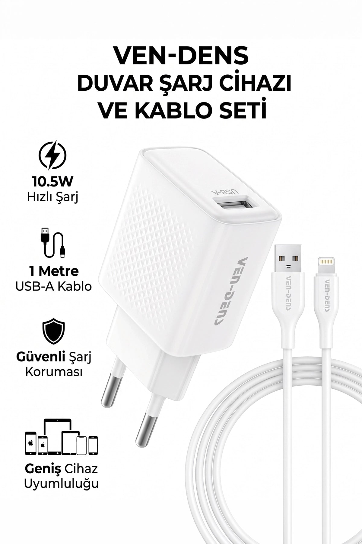 Vendens VD-TC019BA02 10.5W Hızlı Şarj Adaptörü, USB-A, 1 Metre Veri ve Şarj Kablosu, Beyaz