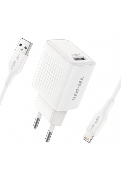Vendens VD-TC019BA02 10.5W Hızlı Şarj Adaptörü, USB-A, 1 Metre Veri ve Şarj Kablosu, Beyaz