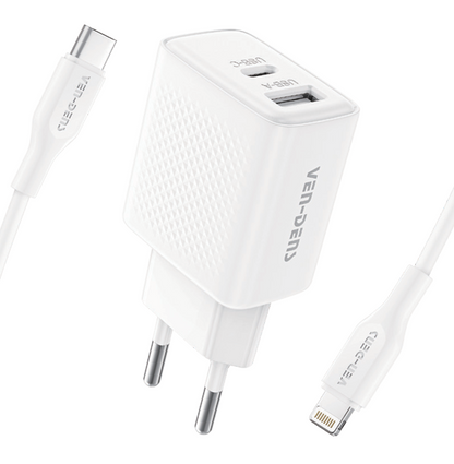 Vendens 10.5W Hızlı Şarj Cihazı PD 30W USB-C to Lightning Kablo Seti - Beyaz