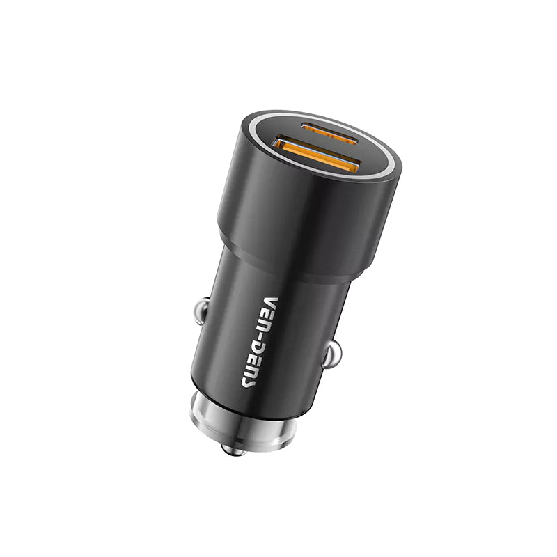 Yüksek kaliteli 38W USB+Type-C çift portlu siyah hızlı şarj araç şarj cihazı (CE sertifikalı)