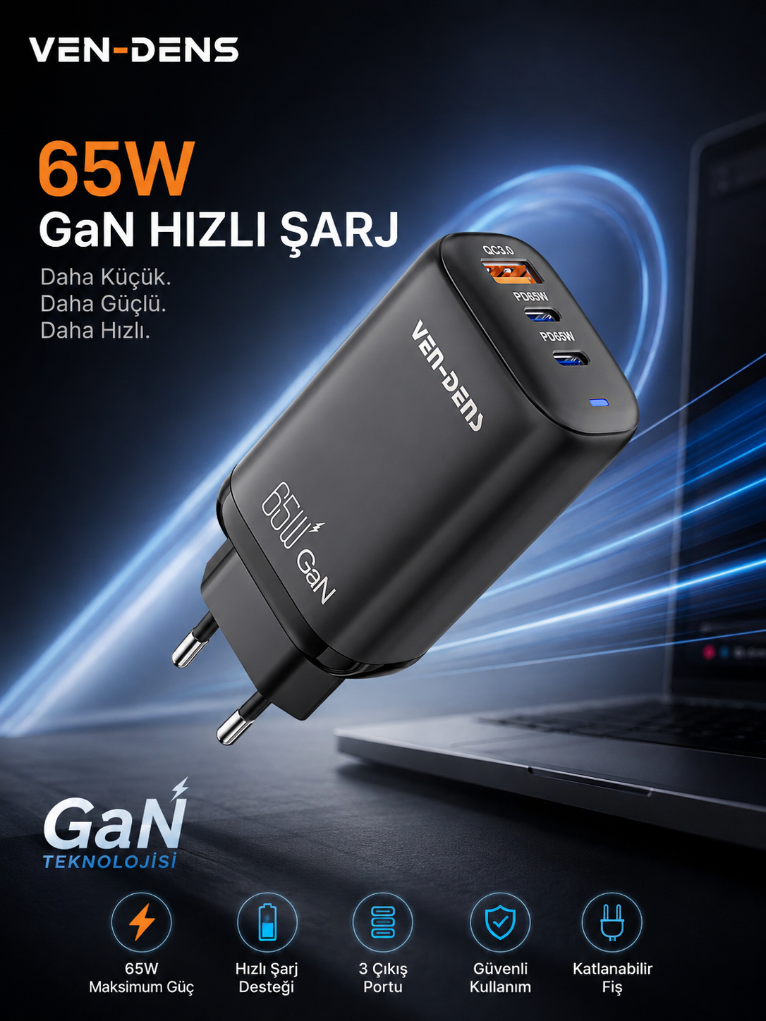 Vendens 65W USB +2 Type-C Hızlı Şarj Cihazı Siyah