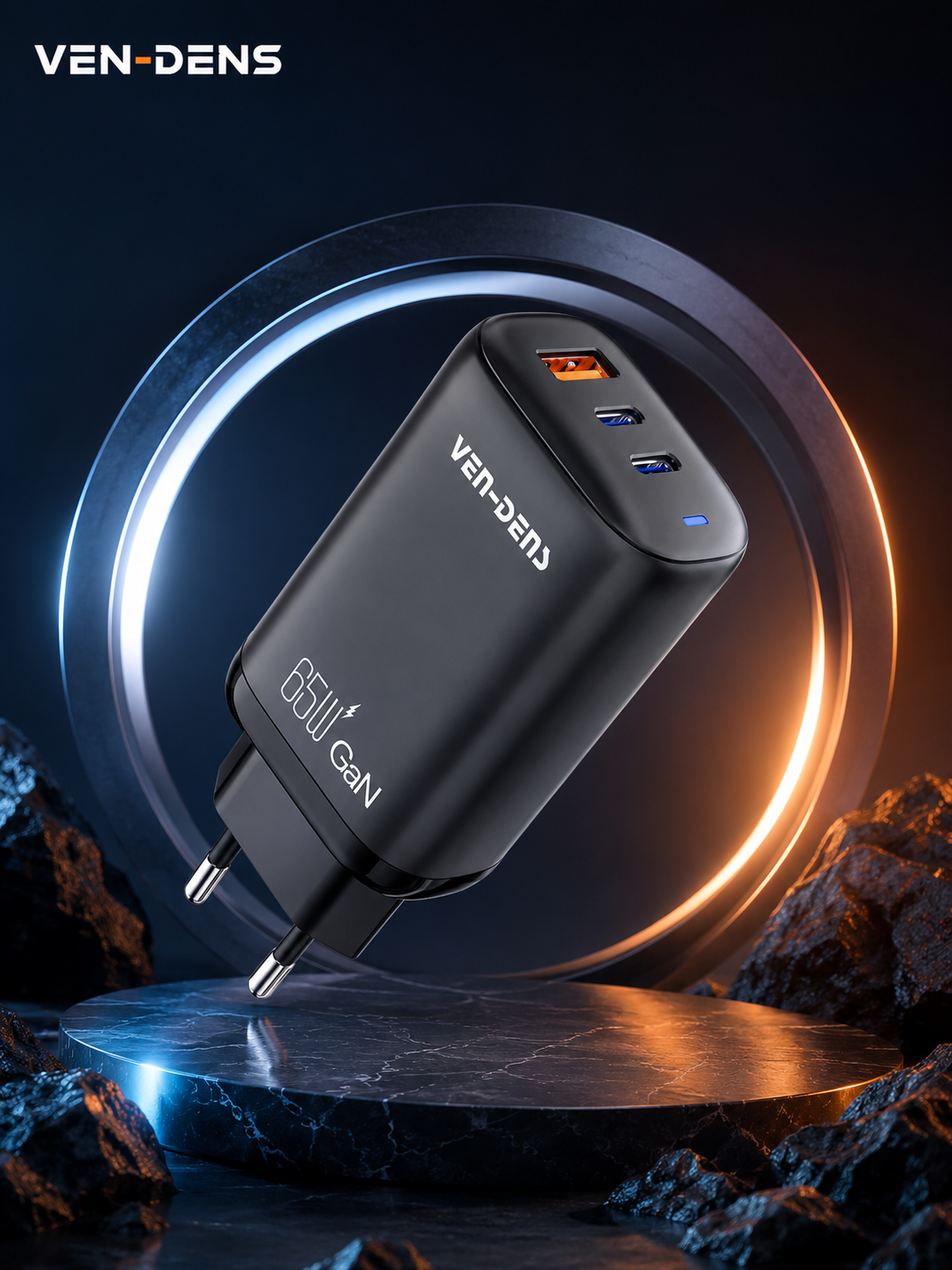 Vendens 65W USB +2 Type-C Hızlı Şarj Cihazı Siyah