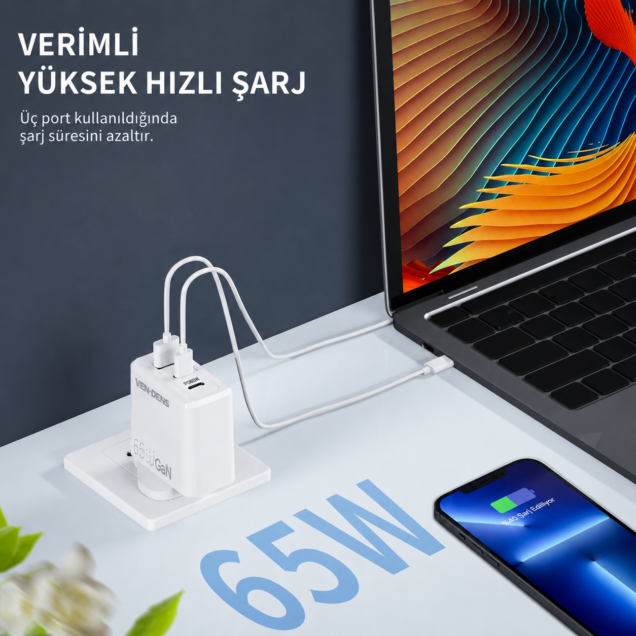 Vendens 3'lü Fonksiyonlu PD65W Hızlı Şarj Cihazı - 2 Type-C ve USB Portlu, Avrupa Fişi (Beyaz)