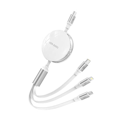 Ven-Dens 3'ü 1 Arada Makaralı Hızlı Şarj Kablosu - 100W PD Type-C, iPhone (Lightning) ve Micro USB Uçlu