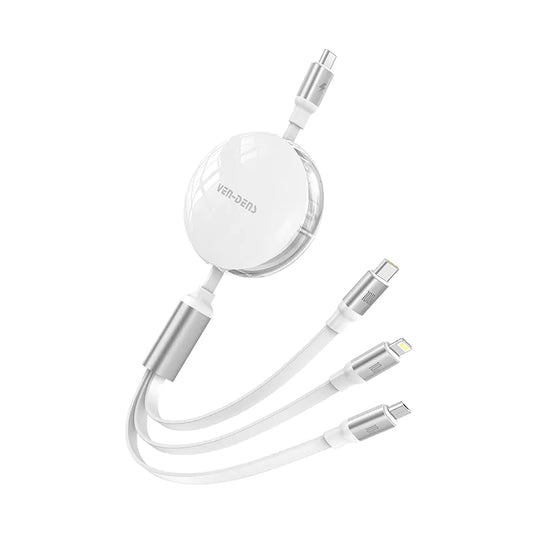 Ven-Dens 3'ü 1 Arada Makaralı Hızlı Şarj Kablosu - 100W PD Type-C, iPhone (Lightning) ve Micro USB Uçlu