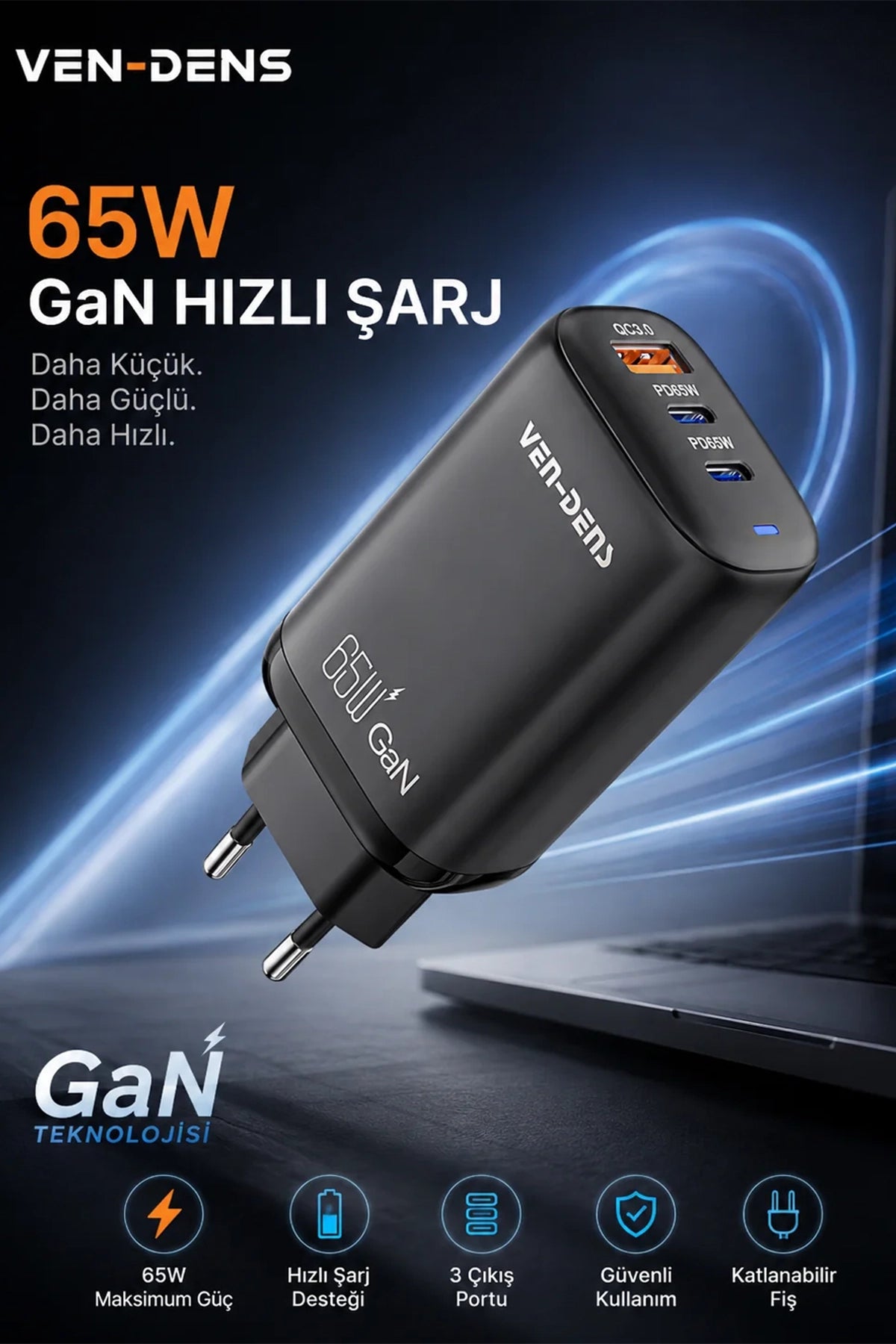 Vendens SP-TC91BG 65W GAN Teknoloji Hızlı Şarj Adaptörü, 2x USB-C + USB-A, PD ve QC3.0