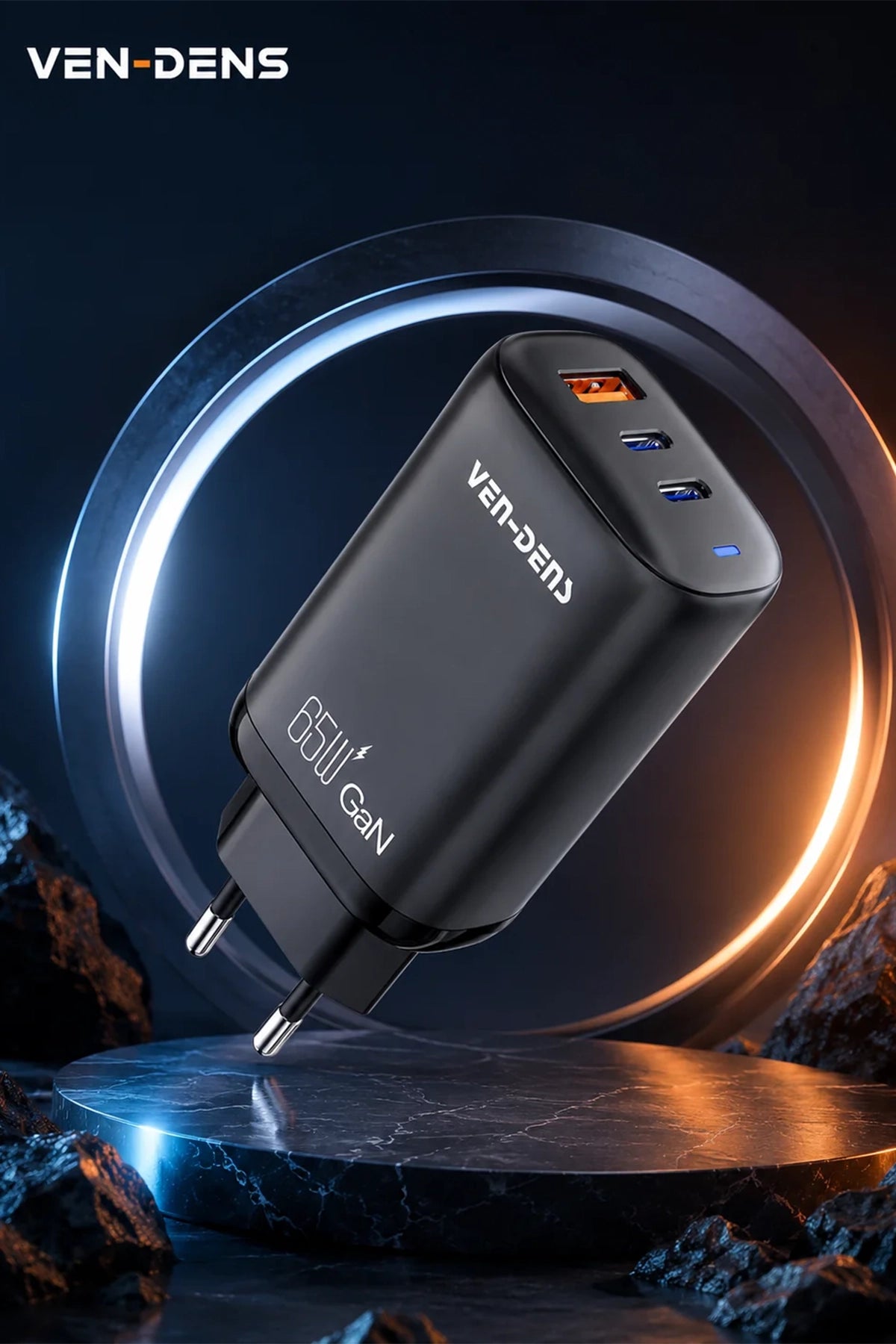 Vendens SP-TC91BG 65W GAN Teknoloji Hızlı Şarj Adaptörü, 2x USB-C + USB-A, PD ve QC3.0