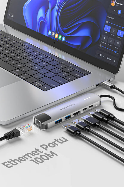 Vendens VD-ADP019 6'sı 1 Arada USB-C Hub, 4K HDMI, USB 3.0, PD 90W, RJ45 Ethernet