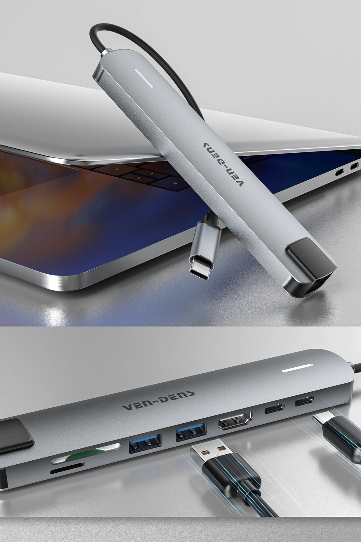 Vendens VD-ADP020 8'i 1 Arada USB-C Hub, 4K HDMI, 90W PD, USB 3.0, RJ45, SD/TF