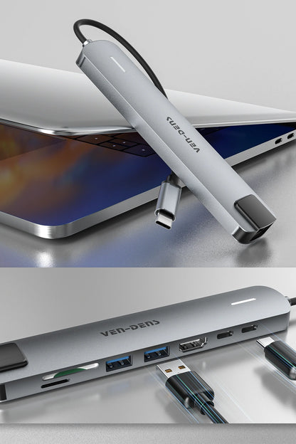 Vendens VD-ADP020 8'i 1 Arada USB-C Hub, 4K HDMI, 90W PD, USB 3.0, RJ45, SD/TF