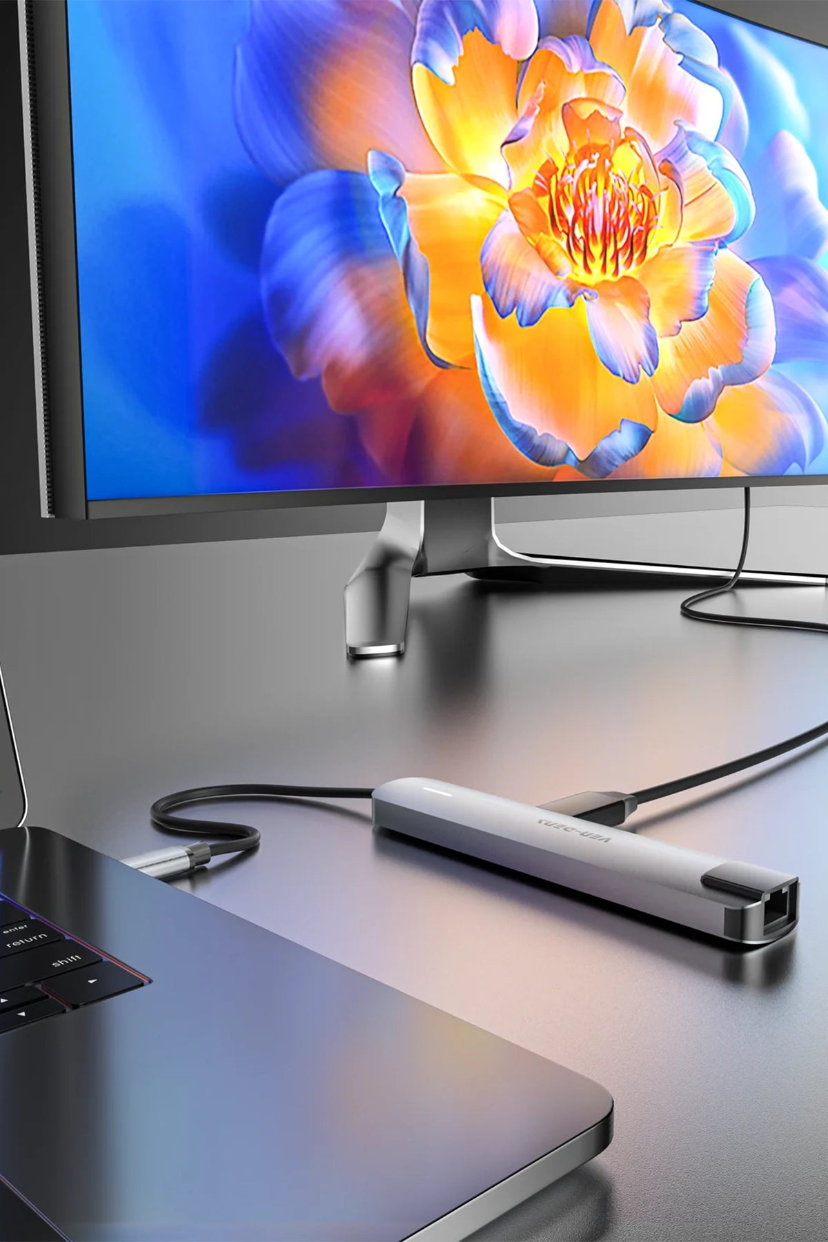 Vendens VD-ADP020 8'i 1 Arada USB-C Hub, 4K HDMI, 90W PD, USB 3.0, RJ45, SD/TF