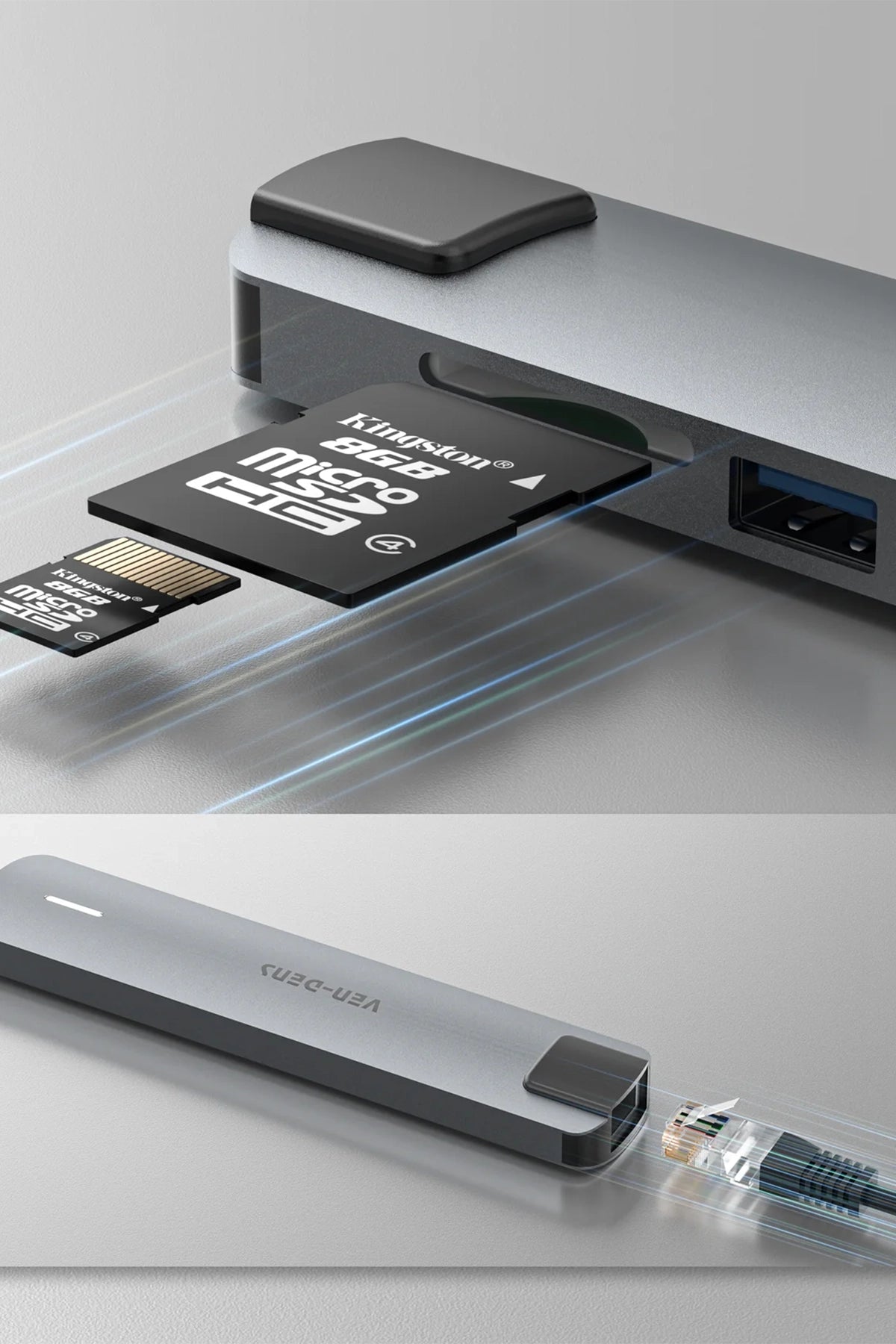 Vendens VD-ADP020 8'i 1 Arada USB-C Hub, 4K HDMI, 90W PD, USB 3.0, RJ45, SD/TF