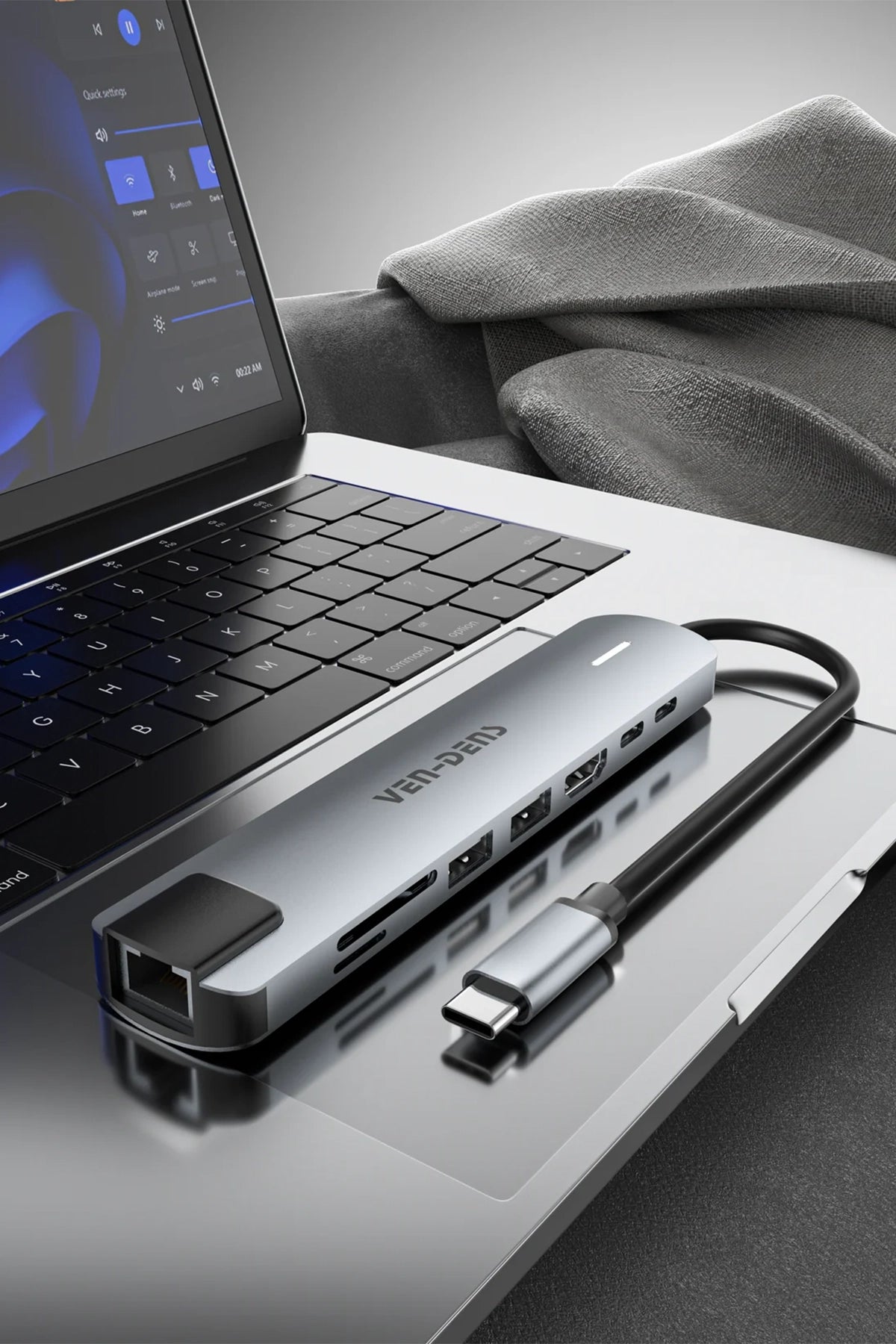 Vendens VD-ADP020 8'i 1 Arada USB-C Hub, 4K HDMI, 90W PD, USB 3.0, RJ45, SD/TF