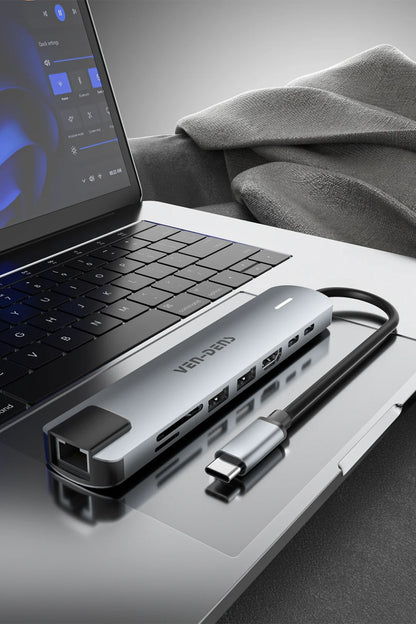 Vendens VD-ADP020 8'i 1 Arada USB-C Hub, 4K HDMI, 90W PD, USB 3.0, RJ45, SD/TF