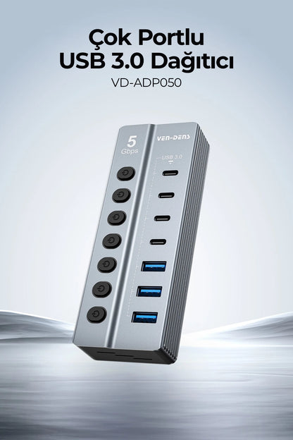 Vendens VD-ADP050 7 Portlu USB Hub, 3x USB-A + 4x USB-C, 5Gbps Hızlı Veri Aktarımı, Alüminyum Gövde