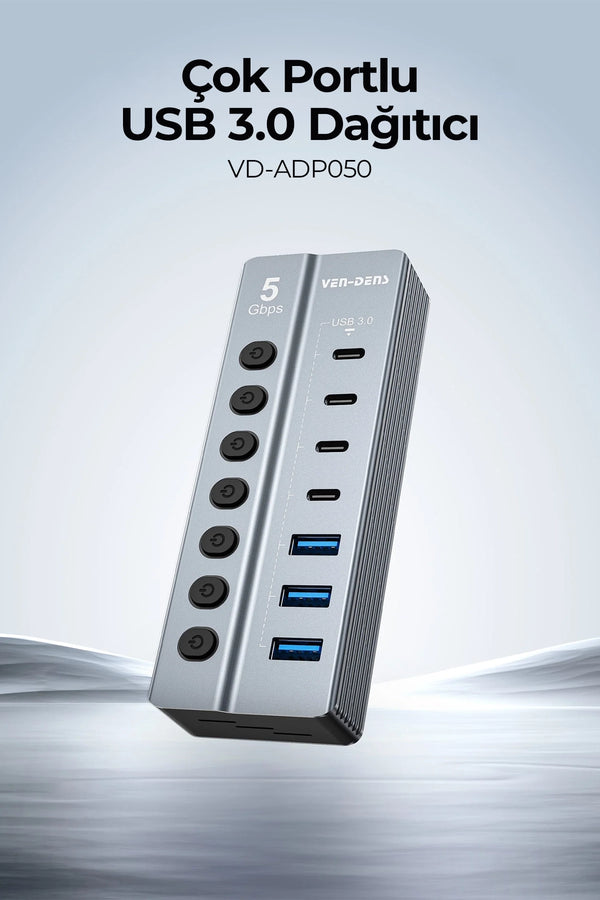 Vendens VD-ADP050 7 Portlu USB Hub, 3x USB-A + 4x USB-C, 5Gbps Hızlı Veri Aktarımı, Alüminyum Gövde