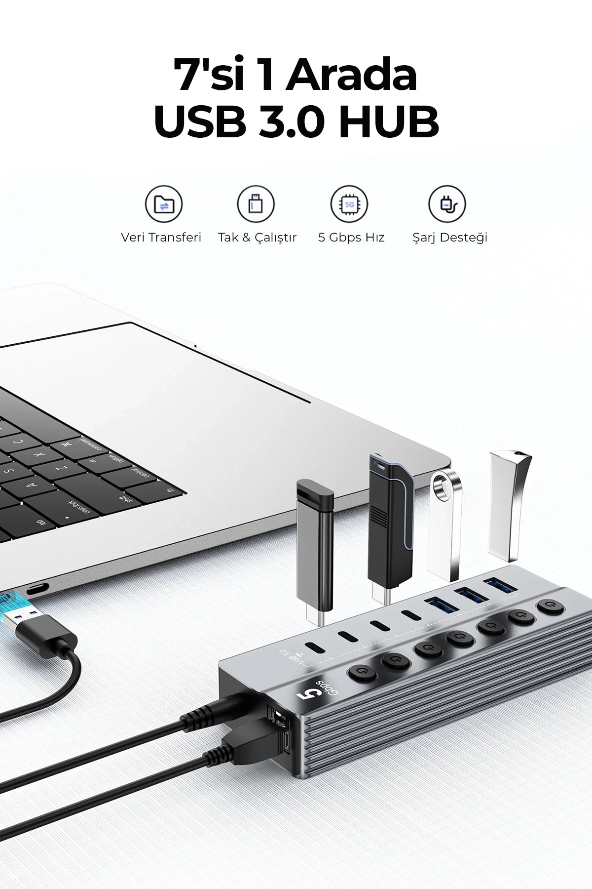 Vendens VD-ADP050 7 Portlu USB Hub, 3x USB-A + 4x USB-C, 5Gbps Hızlı Veri Aktarımı, Alüminyum Gövde