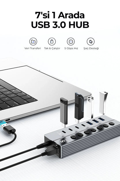 Vendens VD-ADP050 7 Portlu USB Hub, 3x USB-A + 4x USB-C, 5Gbps Hızlı Veri Aktarımı, Alüminyum Gövde