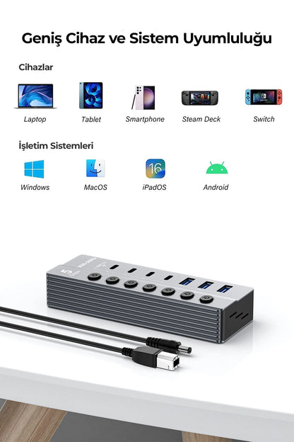 Vendens VD-ADP050 7 Portlu USB Hub, 3x USB-A + 4x USB-C, 5Gbps Hızlı Veri Aktarımı, Alüminyum Gövde