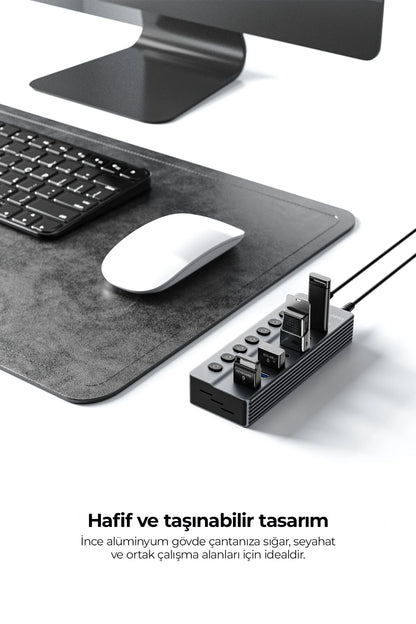 Vendens VD-ADP050 7 Portlu USB Hub, 3x USB-A + 4x USB-C, 5Gbps Hızlı Veri Aktarımı, Alüminyum Gövde