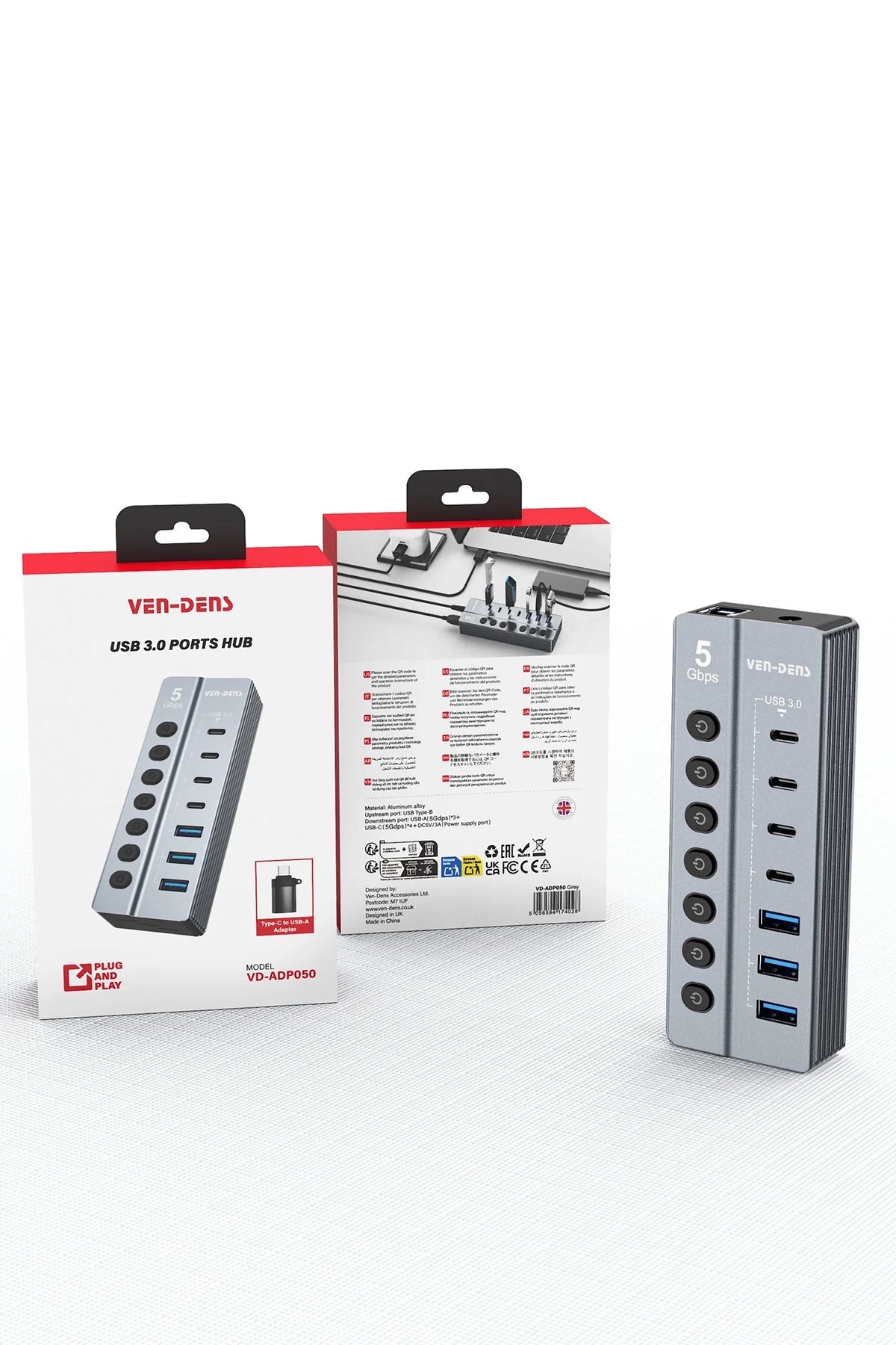 Vendens VD-ADP050 7 Portlu USB Hub, 3x USB-A + 4x USB-C, 5Gbps Hızlı Veri Aktarımı, Alüminyum Gövde