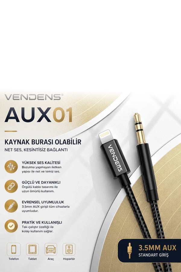 Vendens VD-AUX001 Premium 3.5mm AUX Ses Kablosu - Altın Uçlu