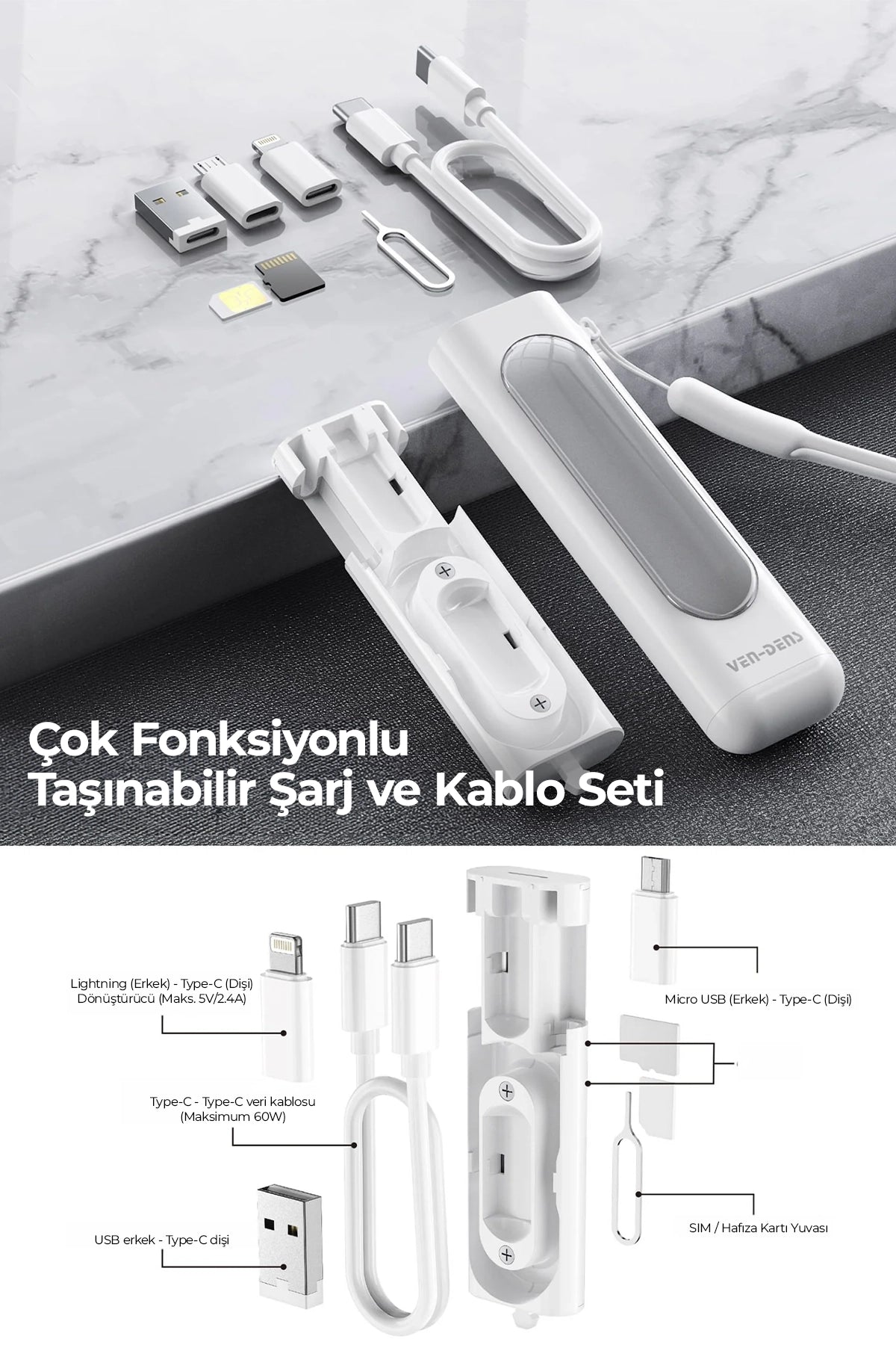 Vendens VD-T001 60W 5'i 1 Arada Şarj Aleti Seyahat Adaptörü Laptop Telefon Hızlı Şarj Kiti