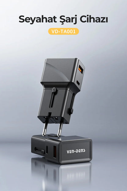 Vendens VD-TA001 25W Type-C Hızlı Şarj Aleti, 4'ü 1 Arada Uluslararası Seyahat Adaptörü