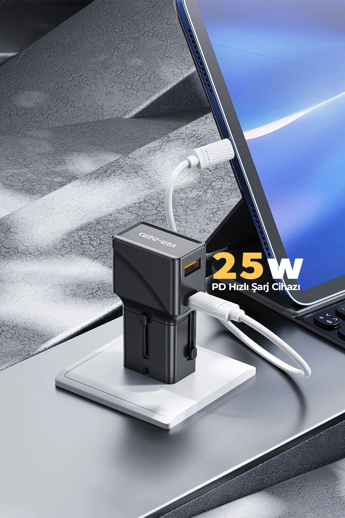 Vendens VD-TA001 25W Type-C Hızlı Şarj Aleti, 4'ü 1 Arada Uluslararası Seyahat Adaptörü