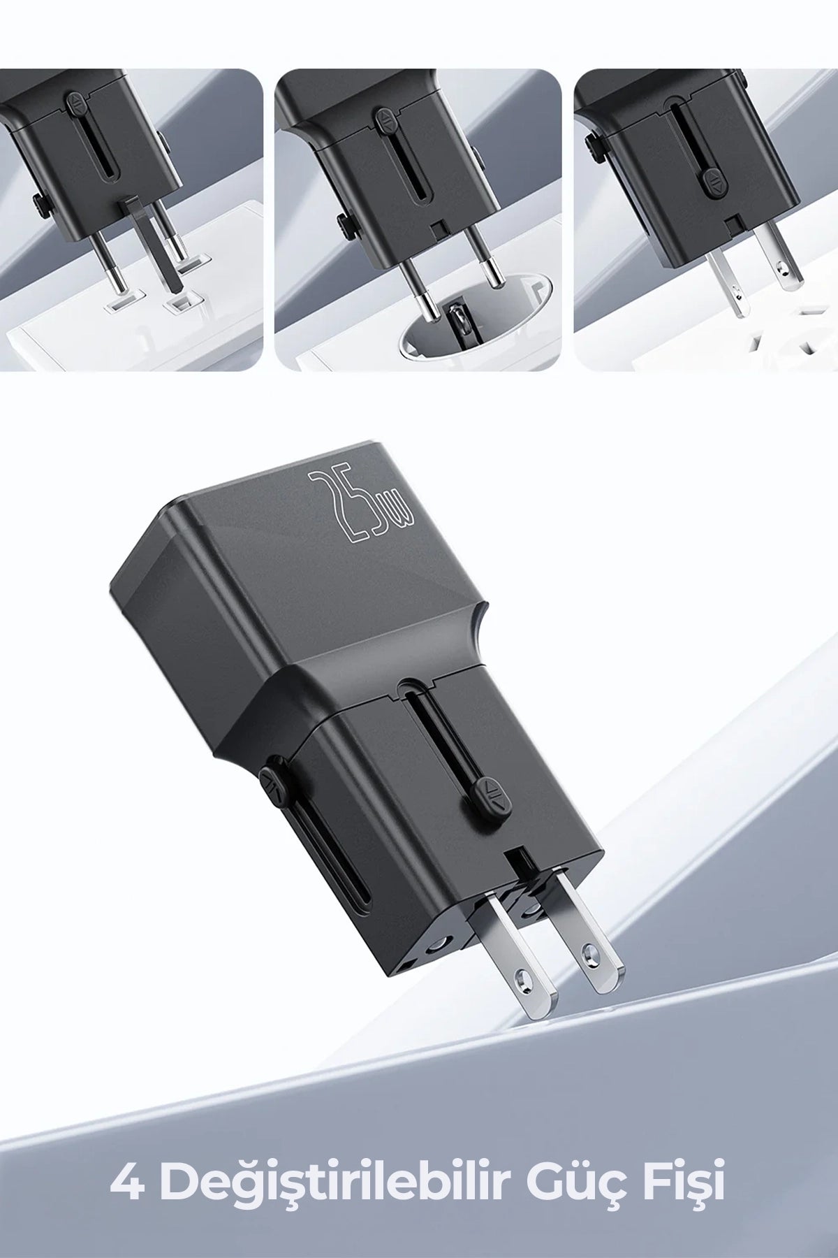 Vendens VD-TA001 25W Type-C Hızlı Şarj Aleti, 4'ü 1 Arada Uluslararası Seyahat Adaptörü
