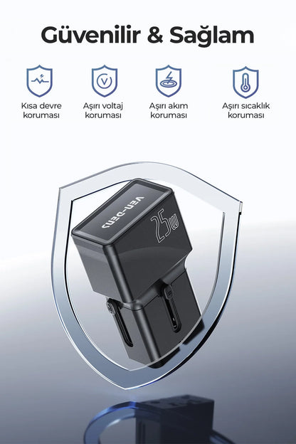 Vendens VD-TA001 25W Type-C Hızlı Şarj Aleti, 4'ü 1 Arada Uluslararası Seyahat Adaptörü