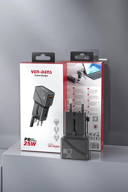 Vendens VD-TA001 25W Type-C Hızlı Şarj Aleti, 4'ü 1 Arada Uluslararası Seyahat Adaptörü
