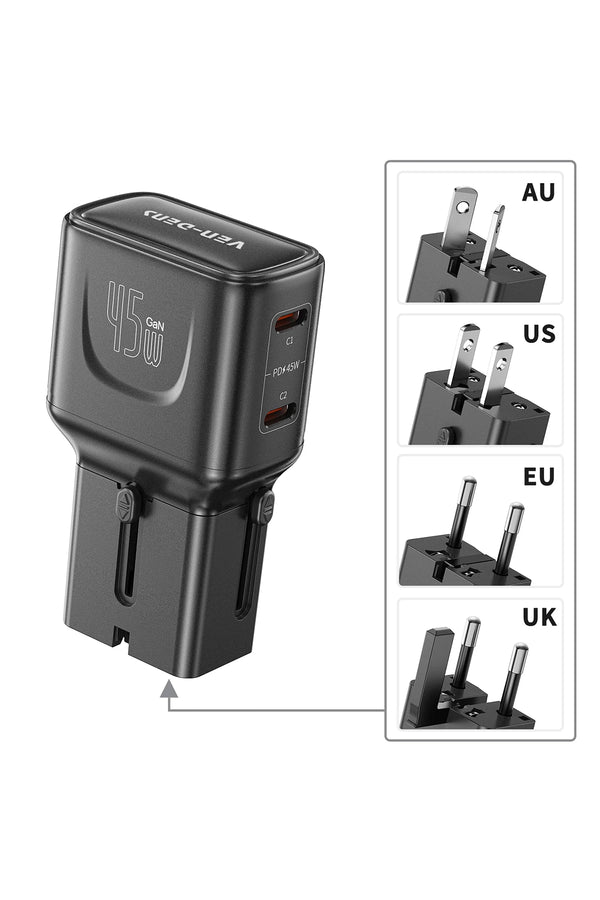 Ven-Dens VD-TA002 45W PD Type-C Hızlı Şarj Aleti, 4'ü 1 Arada Evrensel Seyahat Adaptörü