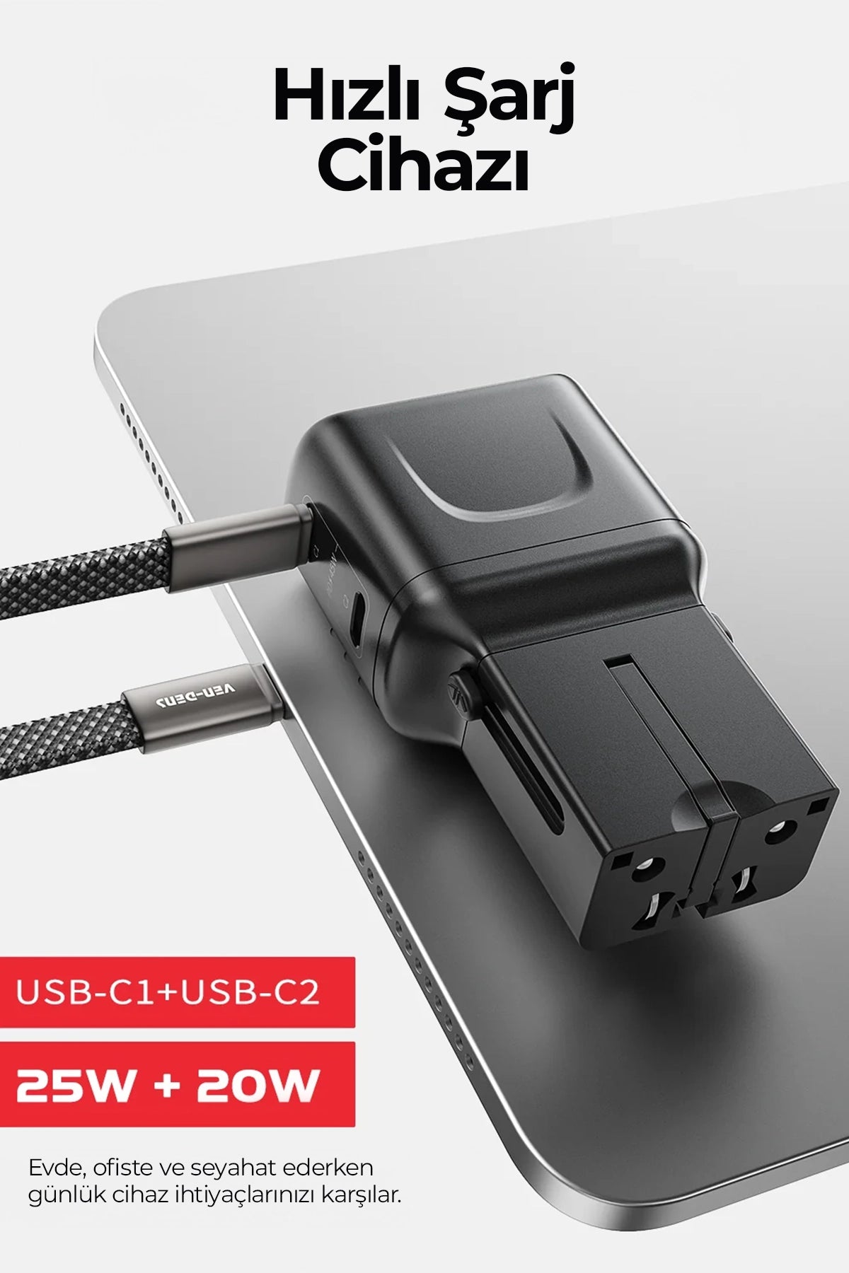 Ven-Dens VD-TA002 45W PD Type-C Hızlı Şarj Aleti, 4'ü 1 Arada Evrensel Seyahat Adaptörü