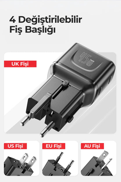 Ven-Dens VD-TA002 45W PD Type-C Hızlı Şarj Aleti, 4'ü 1 Arada Evrensel Seyahat Adaptörü