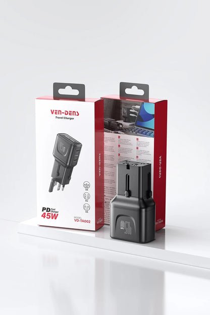 Ven-Dens VD-TA002 45W PD Type-C Hızlı Şarj Aleti, 4'ü 1 Arada Evrensel Seyahat Adaptörü