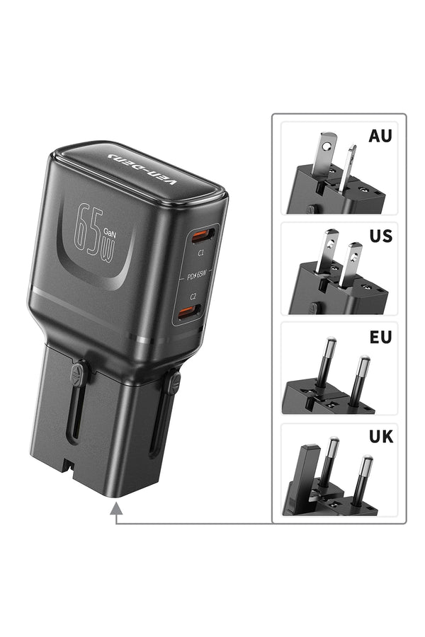 Vendens VD-TA003 65W Type-C Hızlı Şarj Aleti, 4'ü 1 Arada Uluslararası Seyahat Adaptörü