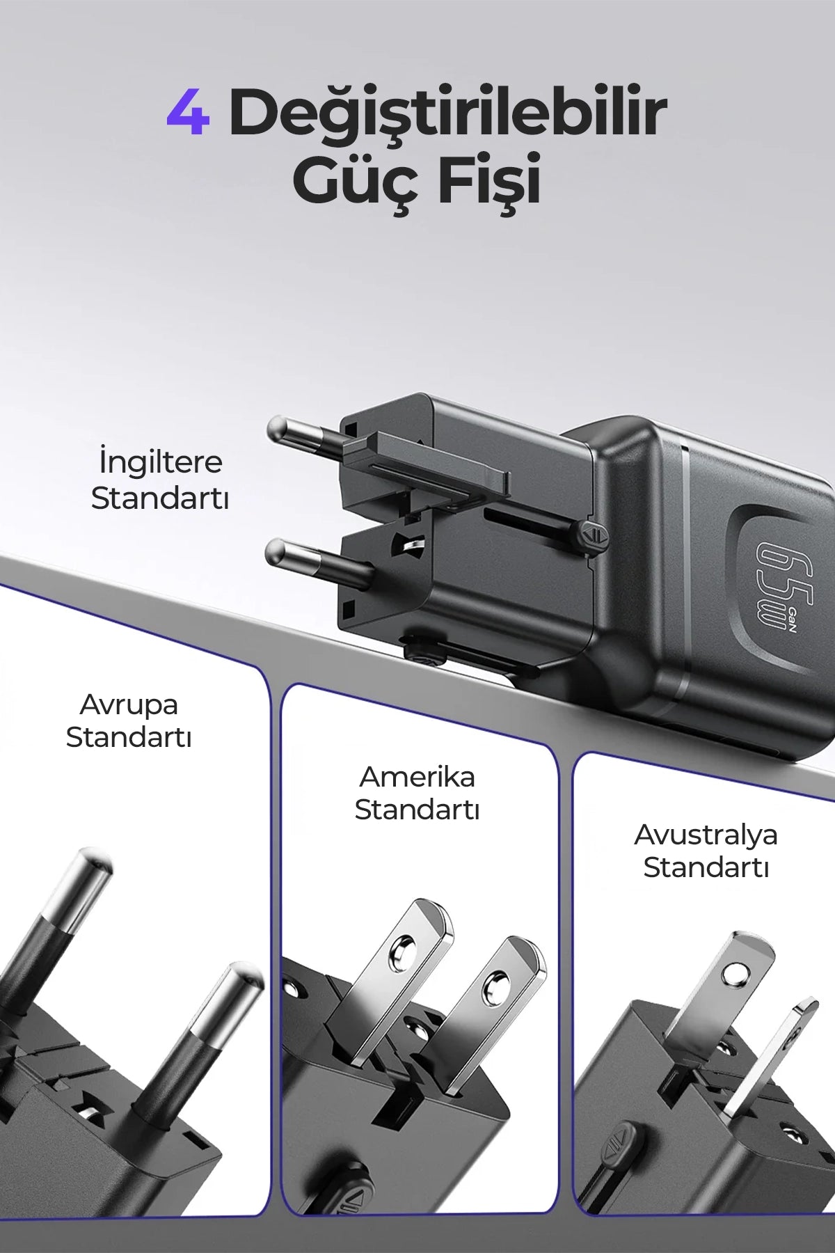 Vendens VD-TA003 65W Type-C Hızlı Şarj Aleti, 4'ü 1 Arada Uluslararası Seyahat Adaptörü