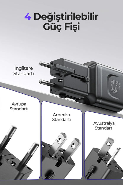 Vendens VD-TA003 65W Type-C Hızlı Şarj Aleti, 4'ü 1 Arada Uluslararası Seyahat Adaptörü