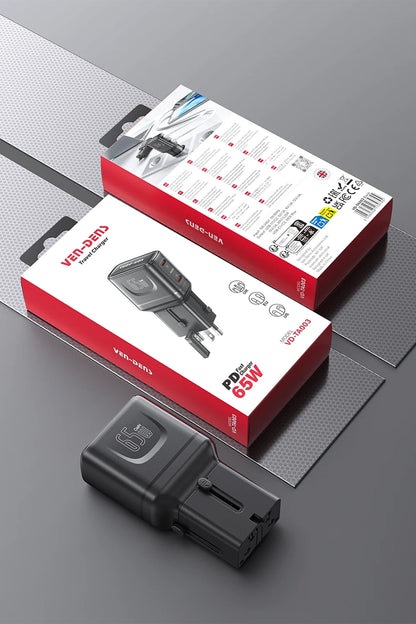 Vendens VD-TA003 65W Type-C Hızlı Şarj Aleti, 4'ü 1 Arada Uluslararası Seyahat Adaptörü