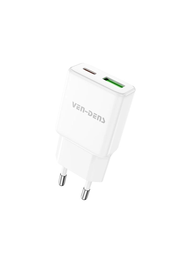 Vendens VD-TC017BAC 30W Type-C Hızlı Şarj Aleti, USB-A + USB-C Çift Çıkışlı Adaptör