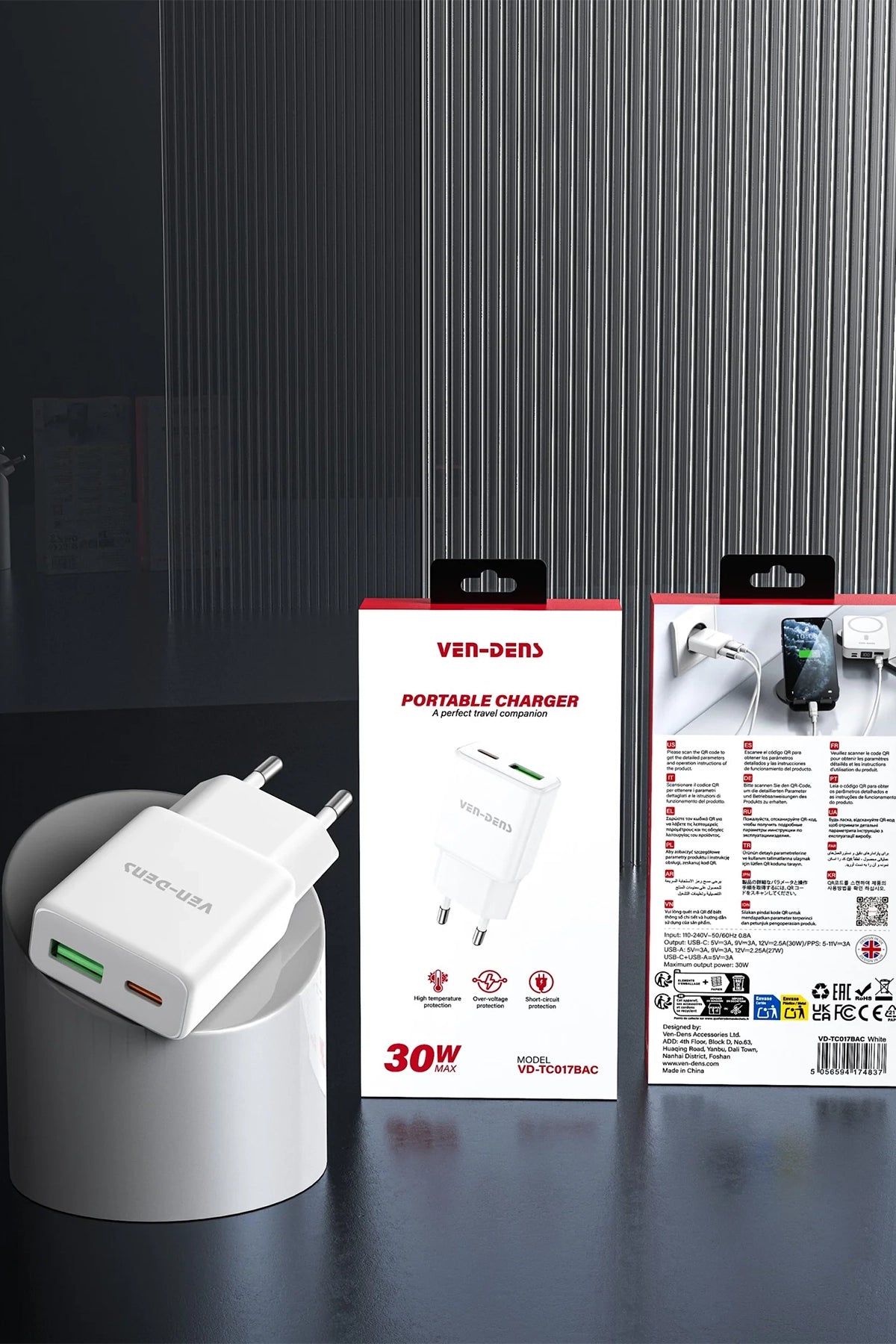 Vendens VD-TC017BAC 30W Type-C Hızlı Şarj Aleti, USB-A + USB-C Çift Çıkışlı Adaptör