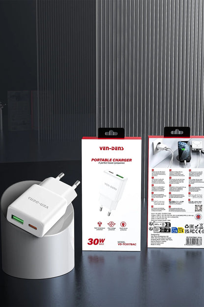 Vendens VD-TC017BAC 30W Type-C Hızlı Şarj Aleti, USB-A + USB-C Çift Çıkışlı Adaptör