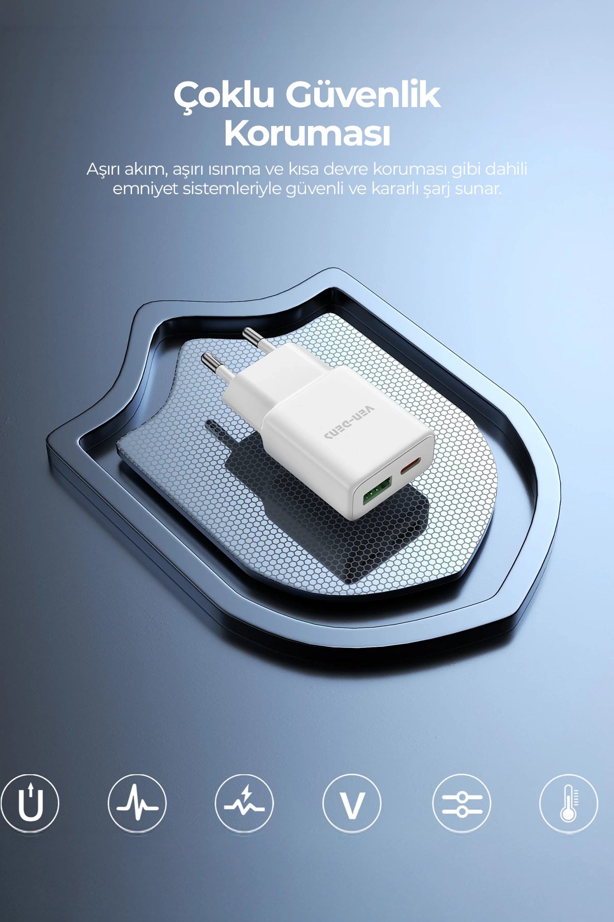 Vendens VD-TC017BAC 30W Type-C Hızlı Şarj Aleti, USB-A + USB-C Çift Çıkışlı Adaptör