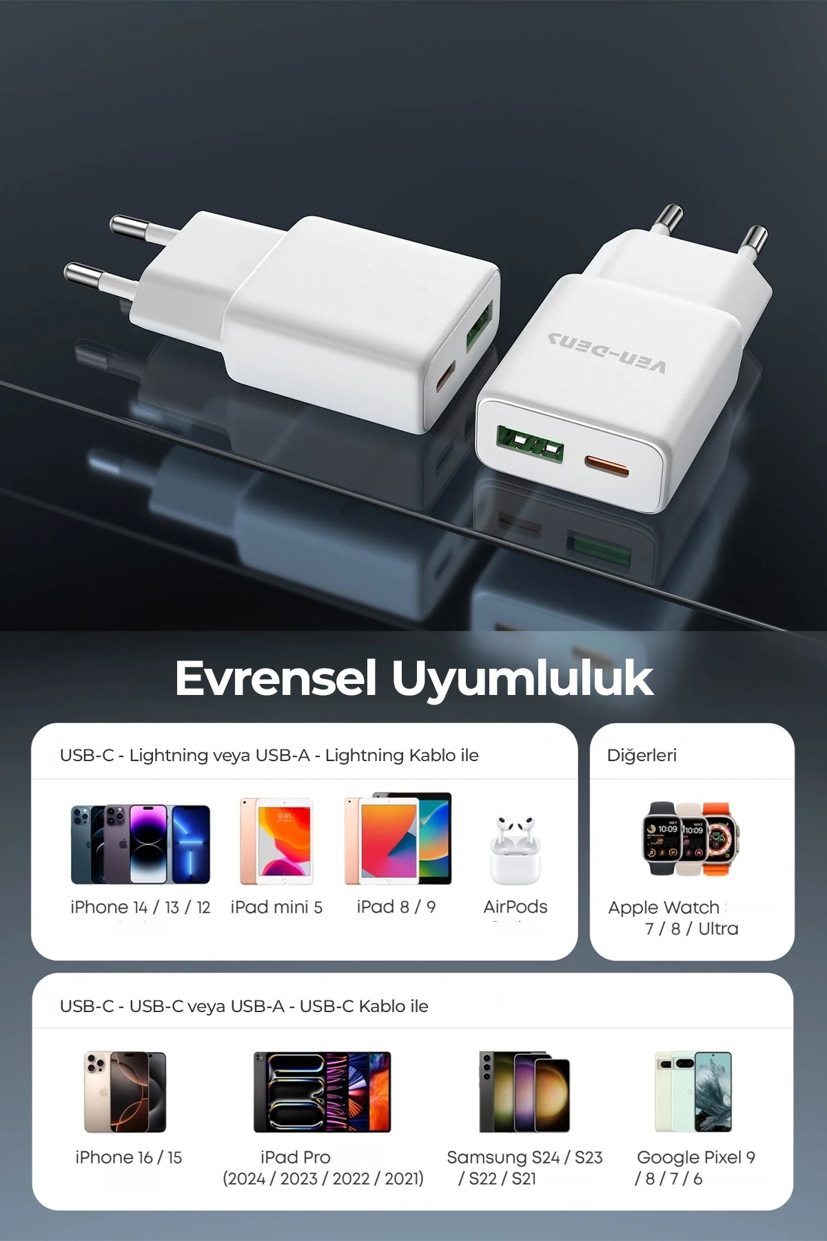 Vendens VD-TC017BAC 30W Type-C Hızlı Şarj Aleti, USB-A + USB-C Çift Çıkışlı Adaptör