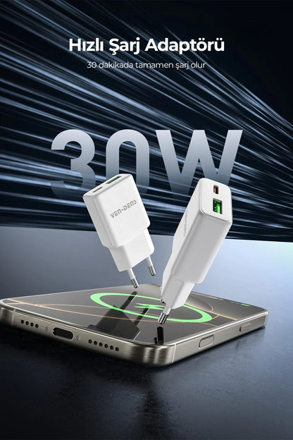 Vendens VD-TC017BAC 30W Type-C Hızlı Şarj Aleti, USB-A + USB-C Çift Çıkışlı Adaptör